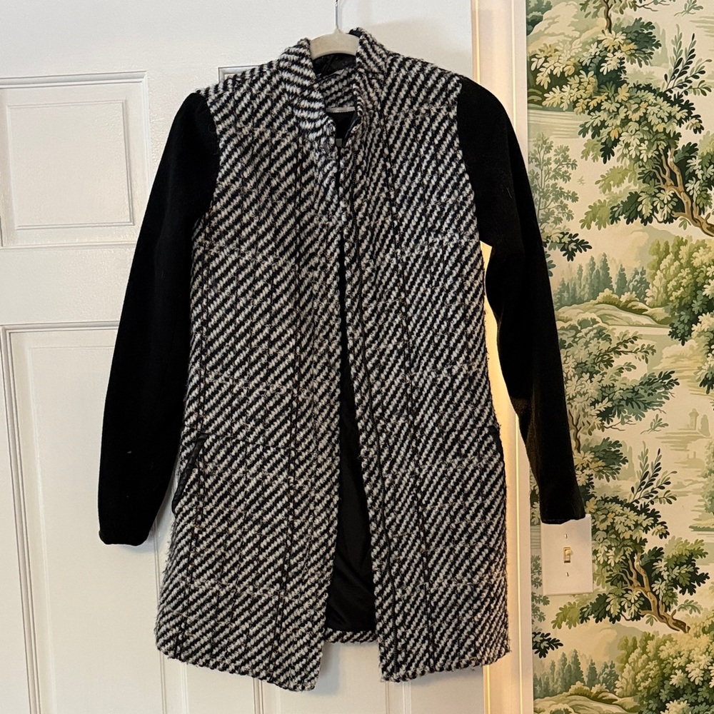 Waverly Grey Black Tweed Mid-Length Coat with Leather Trim